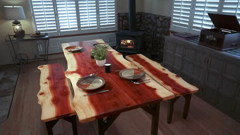 Redwood Dining table in a rustic looking dining room