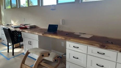 18 foot redwood desktop has been installed in a home office 18 foot redwood desktop has been installed in a home office