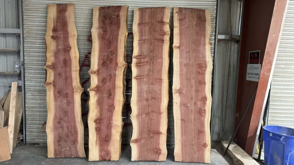 Live Edge Redwood slabs lined up