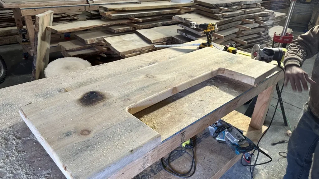 Pine bartop being constructed at the shop