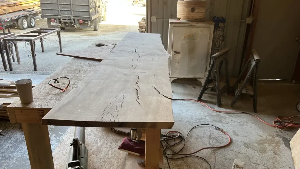 Oak poker table under construction at the shop