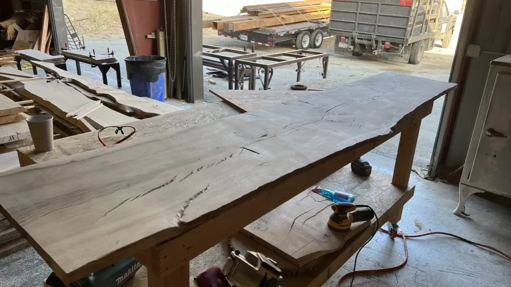 Oak poker table under construction at the shop