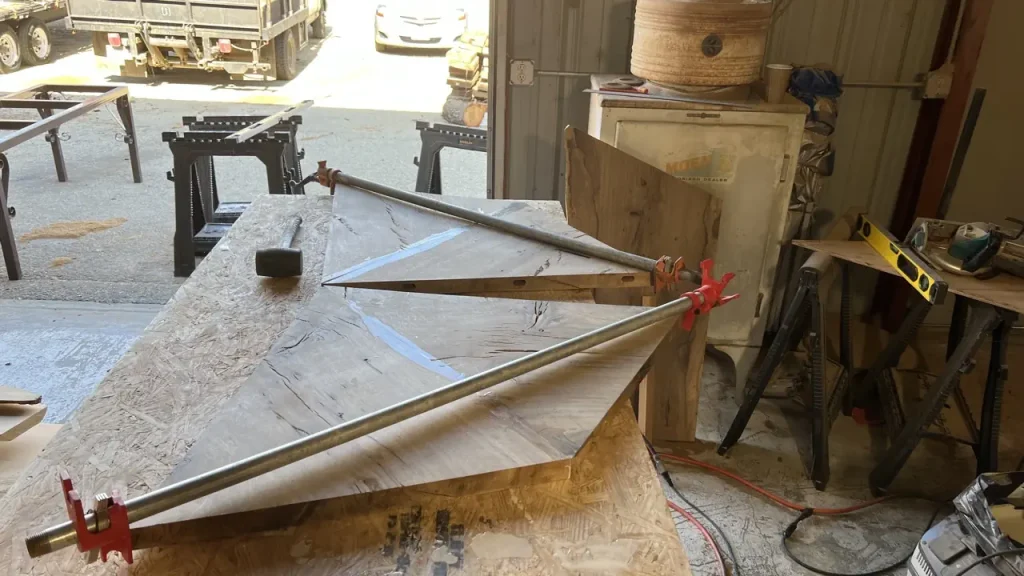 Oak poker table under construction at the shop