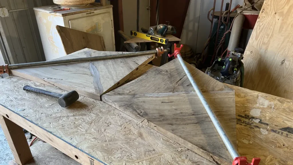 Oak poker table under construction at the shop
