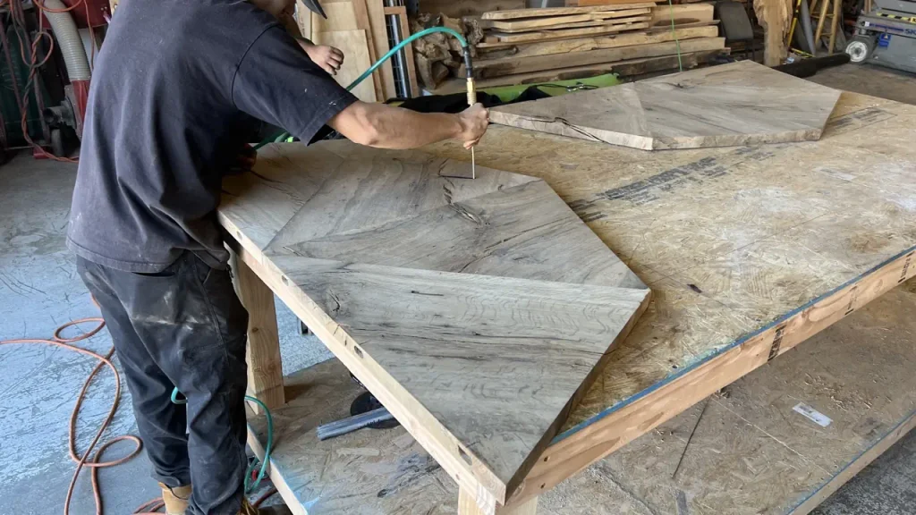 Oak poker table under construction at the shop
