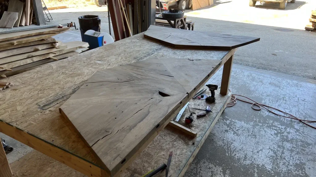 Oak poker table under construction at the shop