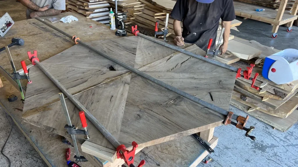 Oak poker table under construction at the shop
