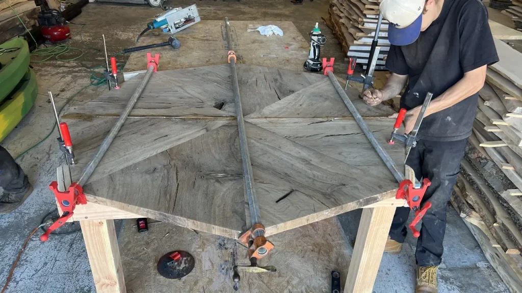 Oak poker table under construction at the shop