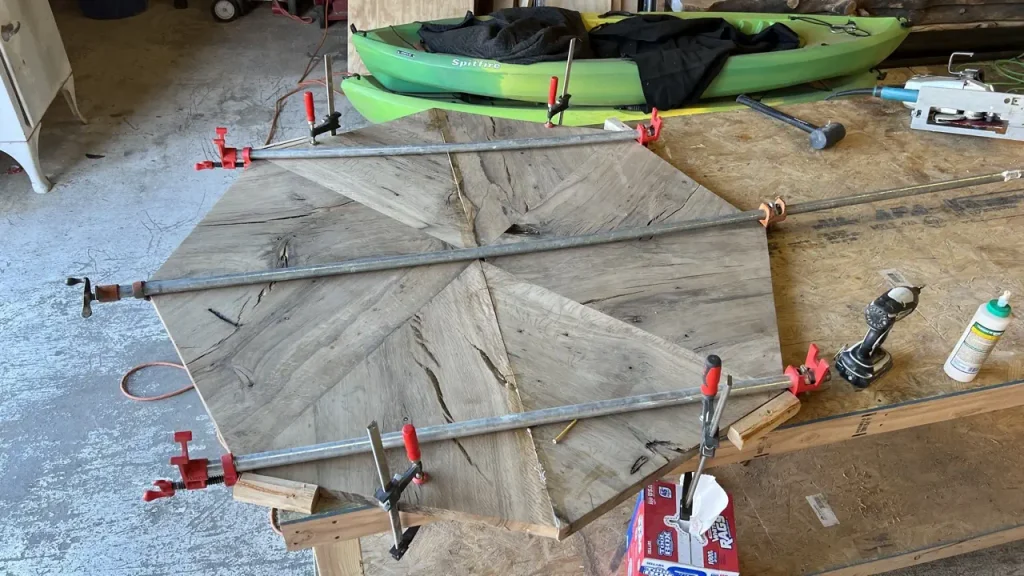 Oak poker table under construction at the shop