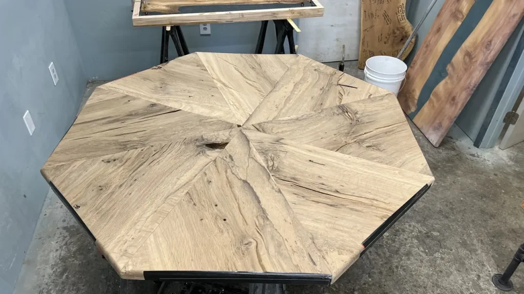 Oak poker table under construction at the shop