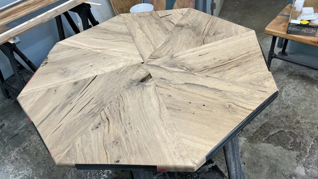 Oak poker table under construction at the shop