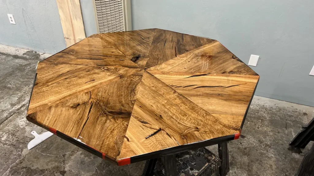 Oak poker table under construction at the shop