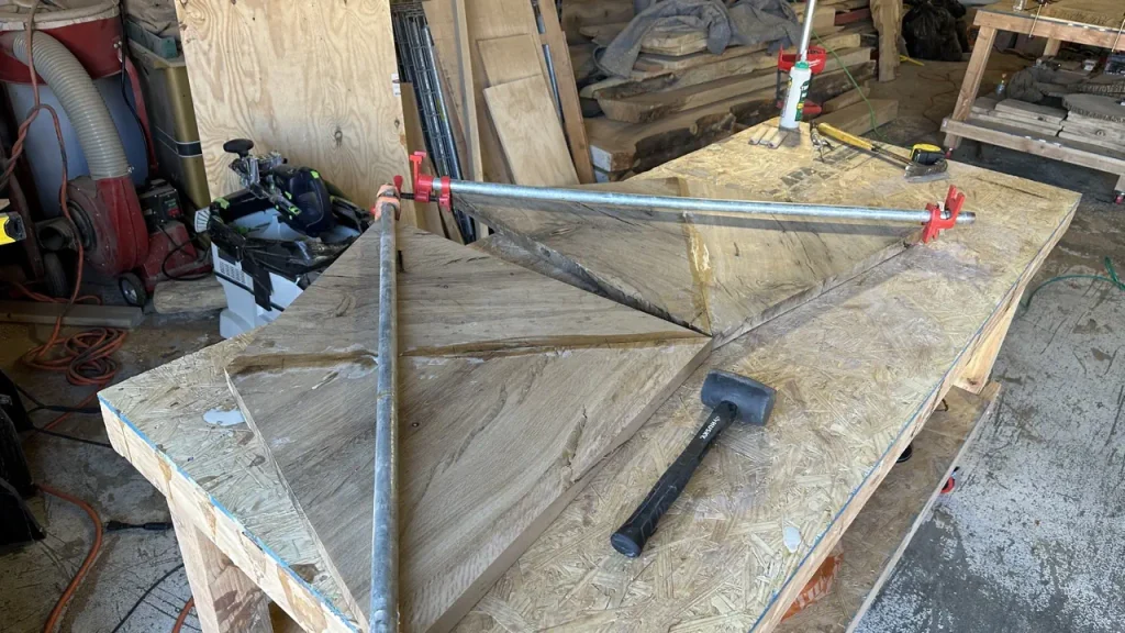 Oak poker table under construction at the shop