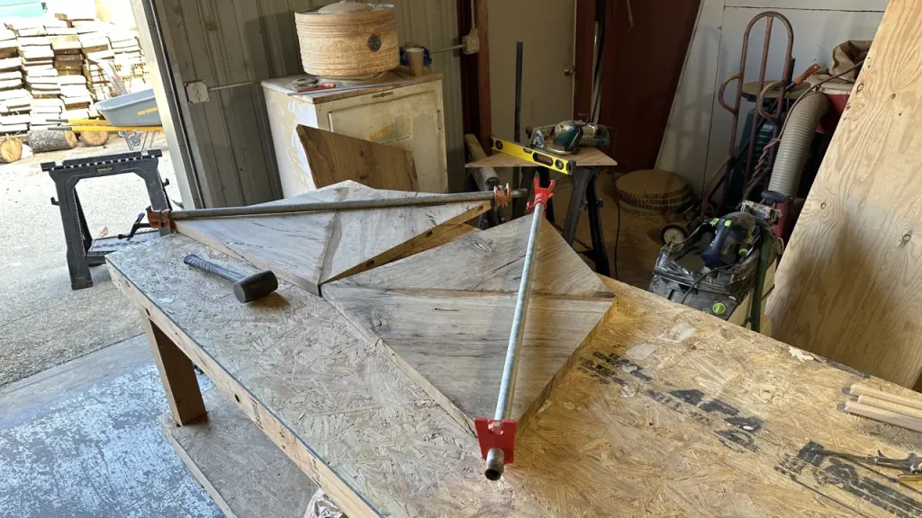 Oak poker table under construction at the shop
