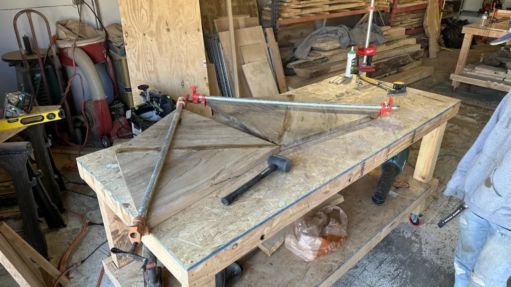 Oak poker table under construction at the shop