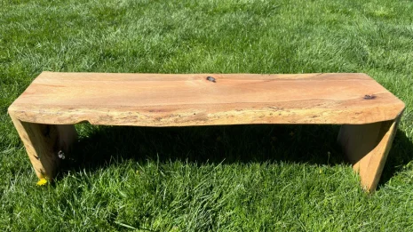 Oak Live Edge Bench in park setting Oak Live Edge Bench in park setting