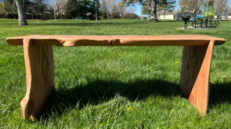 Redwood bench sitting in the grass side angle photo