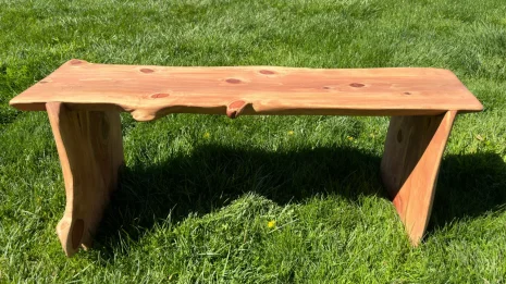 Redwood bench sitting in the grass