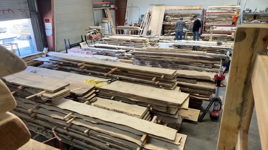 Mountain Dog Millworks shop floor showing hundreds of Pine, Oak, Redwood, and Fir Slabs