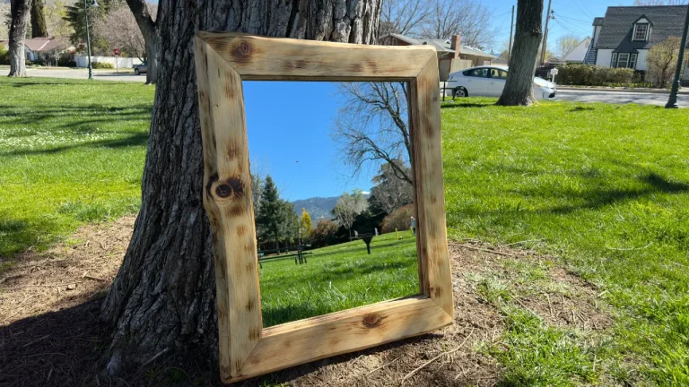 pine live edge mirror in a park setting