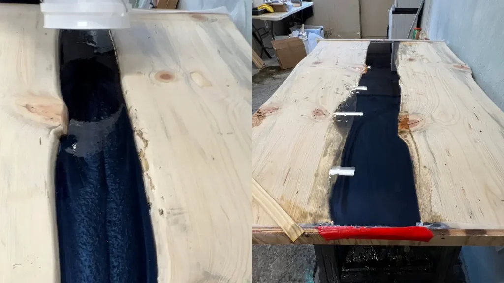 The initial deep pour fills the channel