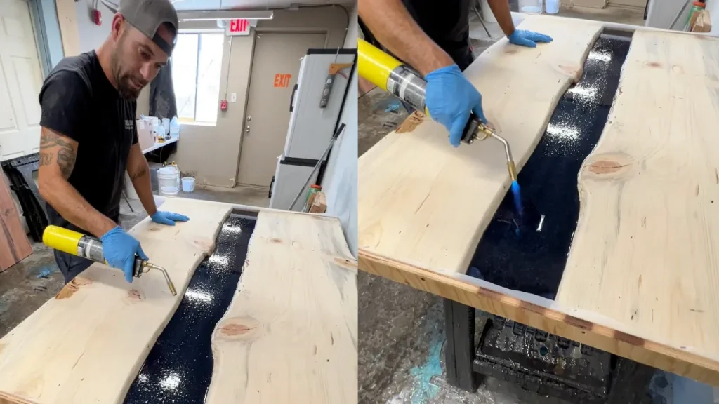 A torch is used to remove the air bubbles