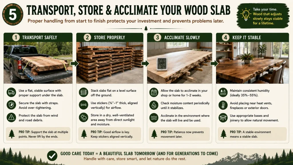 Transport Store and Acclimate wood slabs