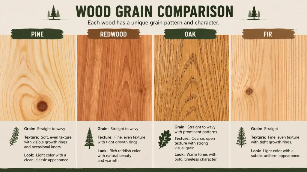 Wood Grain Comparison Pine, Fir, Redwood, and Oak
