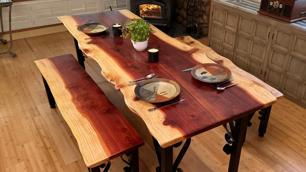 Custom redwood live edge dining table handcrafted by Mountain Dog Millworks
